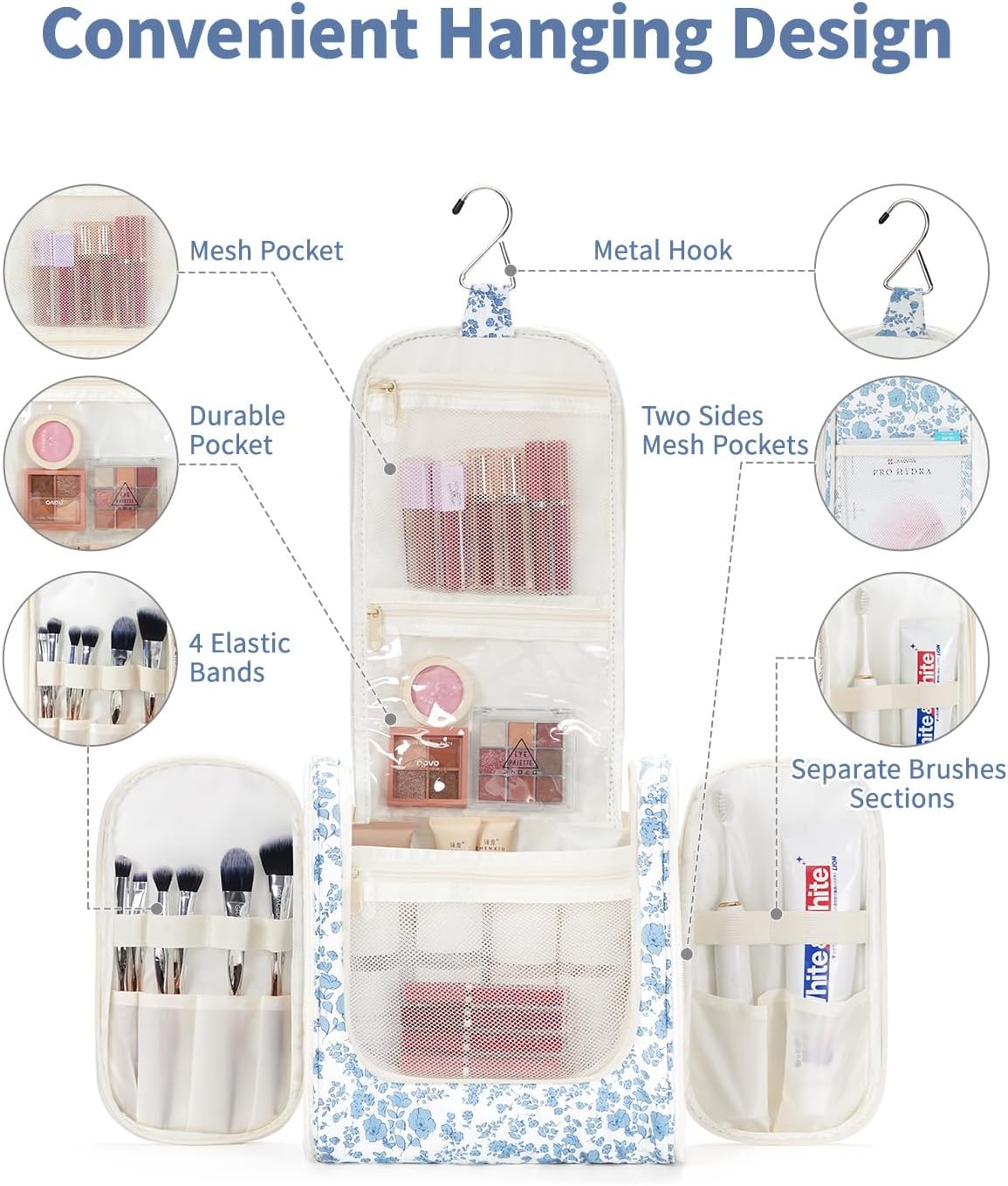 Narwey Large Hanging Toiletry Bag for Women Travel Makeup Bag Make up Organizer Toiletries Bag for Cosmetics Essentials Accessories (Large, Blue Flower) - Image 2