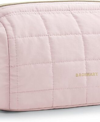 BAGSMART Makeup Bag Travel Toiletry Bag, Puffy Padded Make Up Bags for Women Makeup Organizer Case, Wide-open Pouch Purse Travel Essentials Toiletries Accessories Brushes, Pink