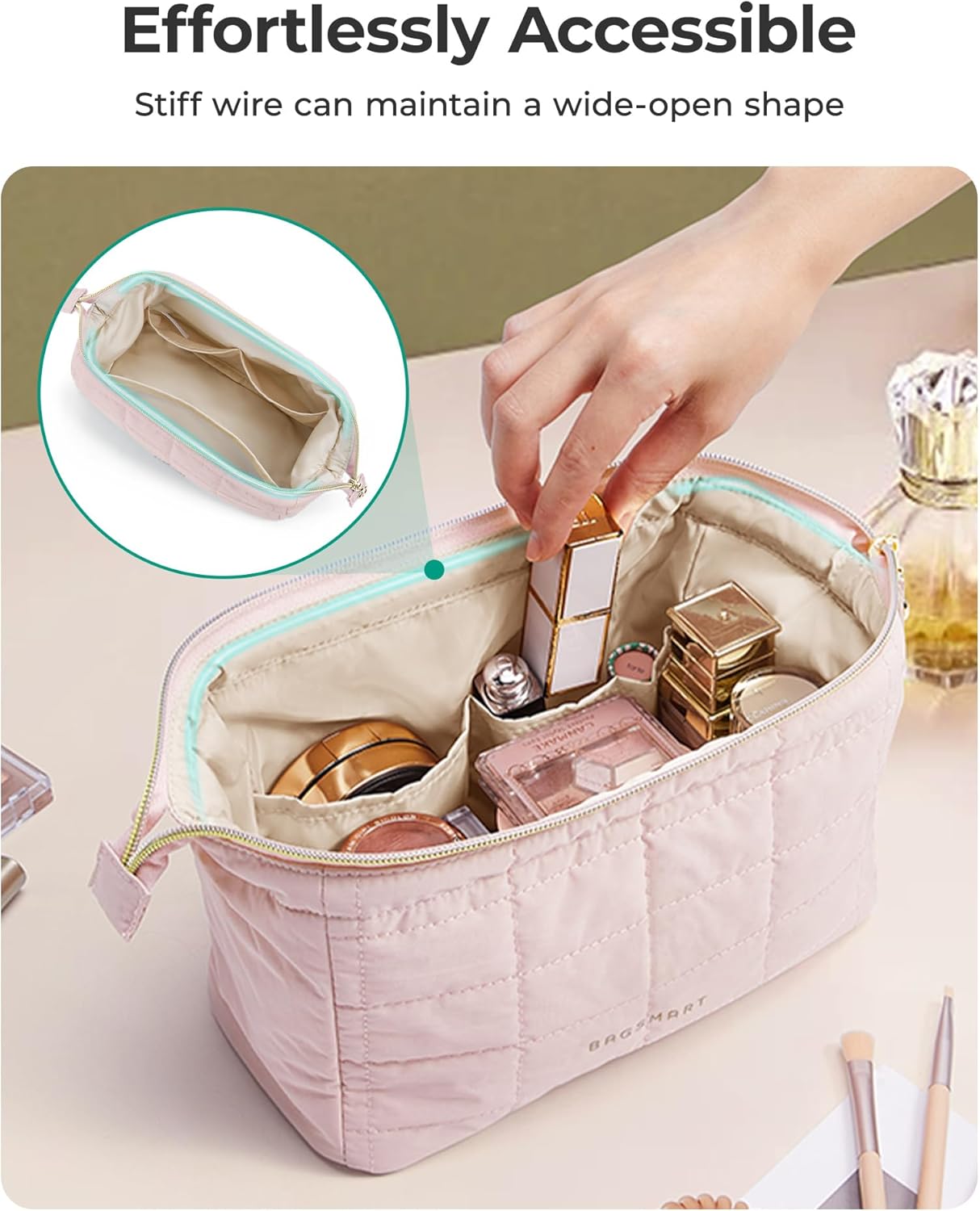 BAGSMART Makeup Bag Travel Toiletry Bag, Puffy Padded Make Up Bags for Women Makeup Organizer Case, Wide-open Pouch Purse Travel Essentials Toiletries Accessories Brushes, Pink - Image 5
