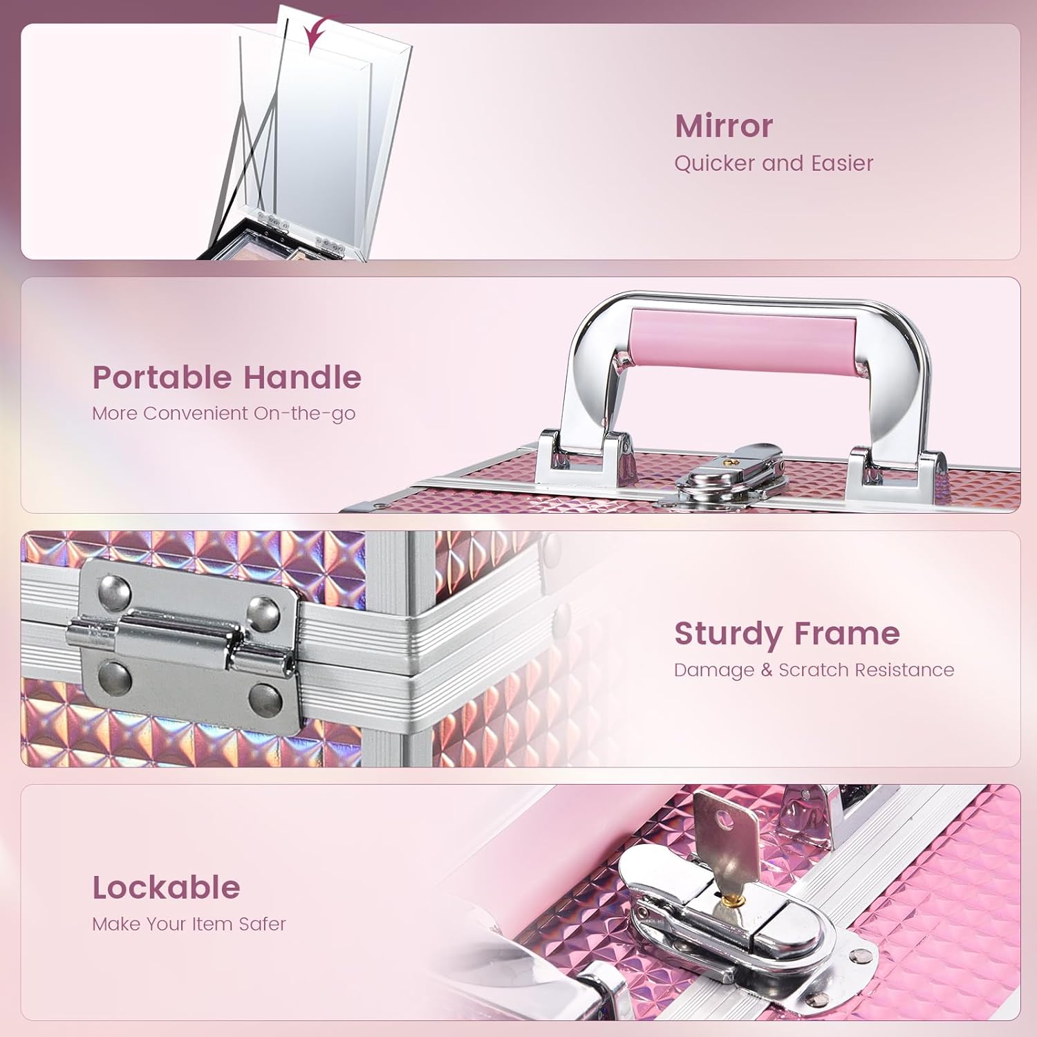 Joligrace Makeup Train Case Makeup Case Organizer Portable Cosmetic Box Storage with 2 Trays Mirror Locking Make Up Travel Case for Nail Kits Cosmetics Craft Traveling Makeup Box Mermaid Pink - Image 3