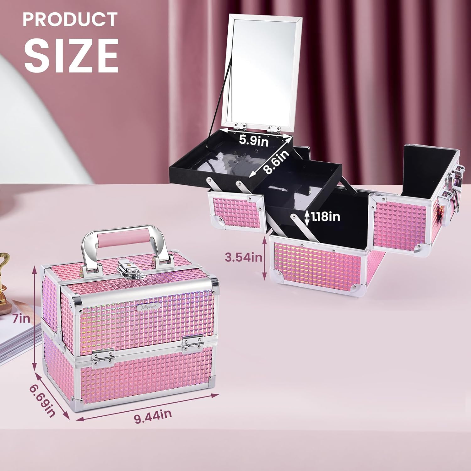 Joligrace Makeup Train Case Makeup Case Organizer Portable Cosmetic Box Storage with 2 Trays Mirror Locking Make Up Travel Case for Nail Kits Cosmetics Craft Traveling Makeup Box Mermaid Pink - Image 5