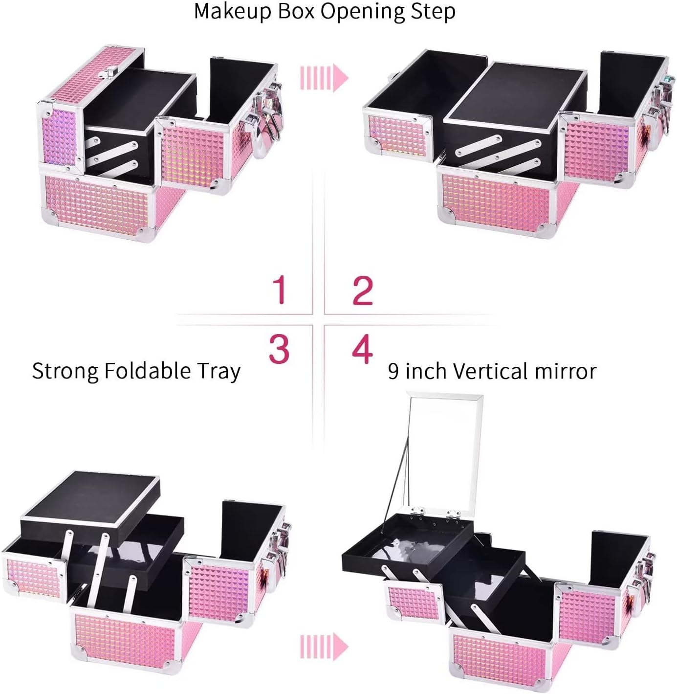 Joligrace Makeup Train Case Makeup Case Organizer Portable Cosmetic Box Storage with 2 Trays Mirror Locking Make Up Travel Case for Nail Kits Cosmetics Craft Traveling Makeup Box Mermaid Pink - Image 8