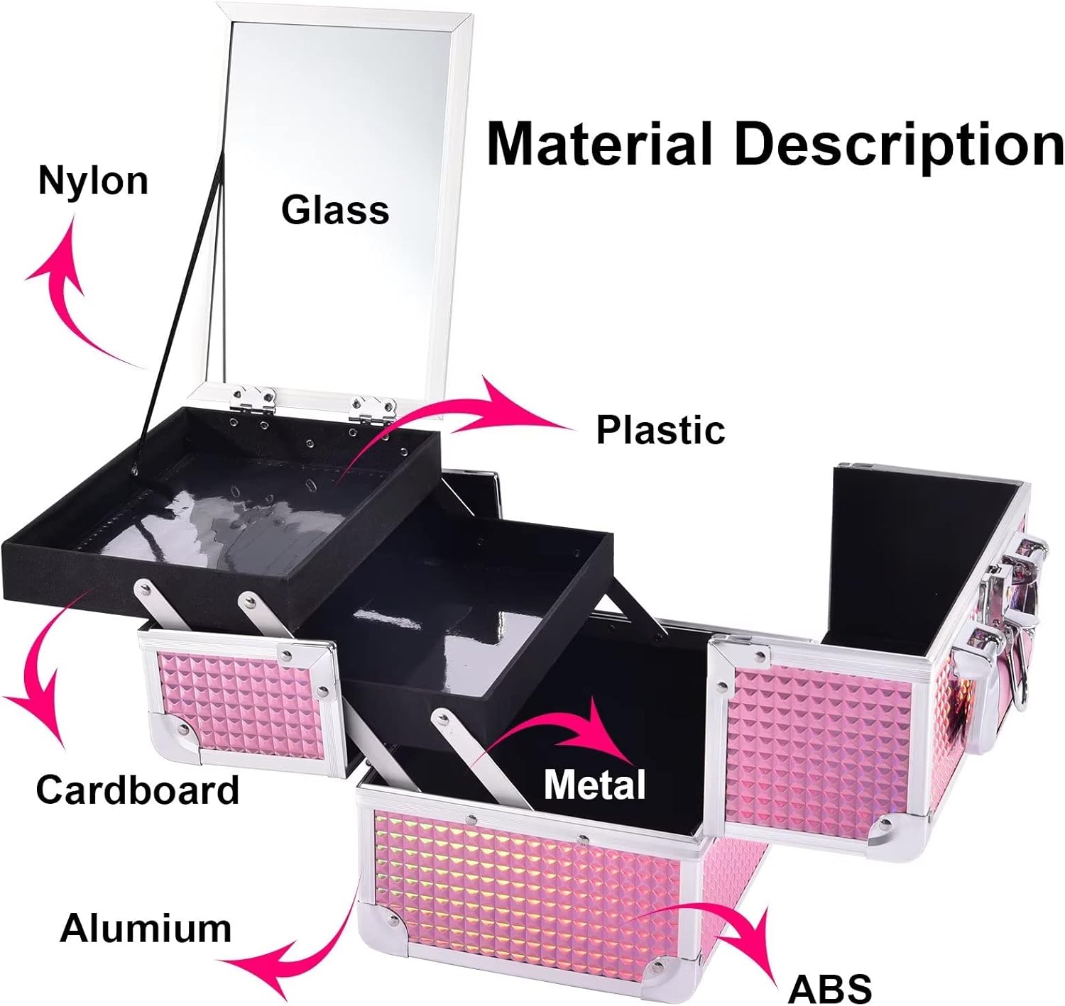 Joligrace Makeup Train Case Makeup Case Organizer Portable Cosmetic Box Storage with 2 Trays Mirror Locking Make Up Travel Case for Nail Kits Cosmetics Craft Traveling Makeup Box Mermaid Pink - Image 9